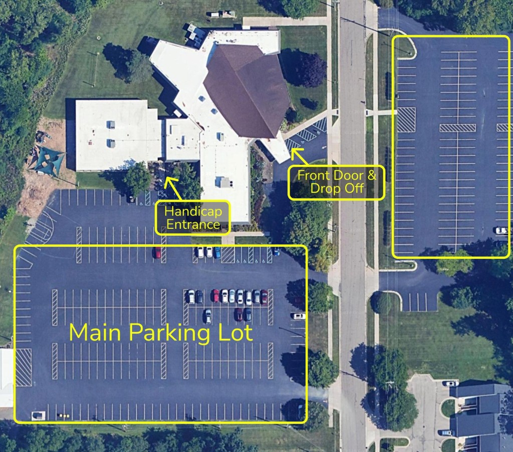 Aerial map of University Reformed Church marking the main parking lot, the handicap entrance, the front door and drop-off, and the parking lot across the street.