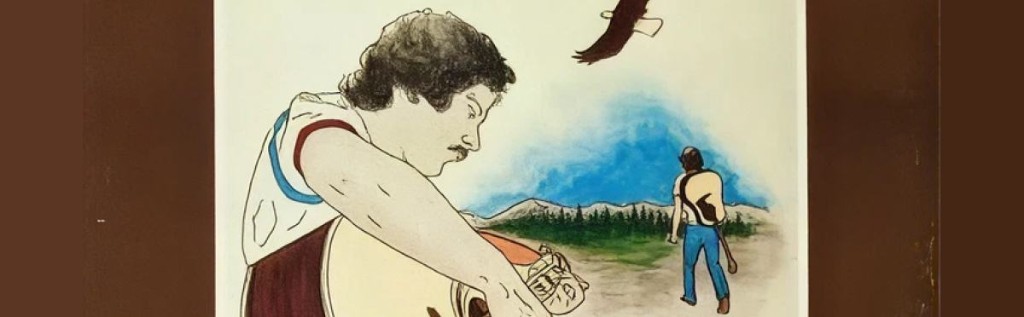Pilgrim album artwork showing a guitarist and a figure walking down a path toward mountains